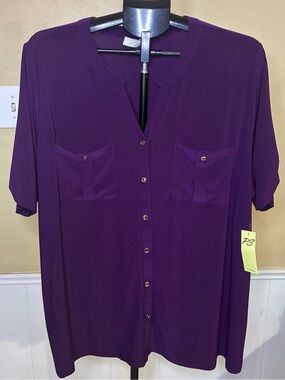 Perseption Deep Purple Button-Front Short Sleeve Blouse